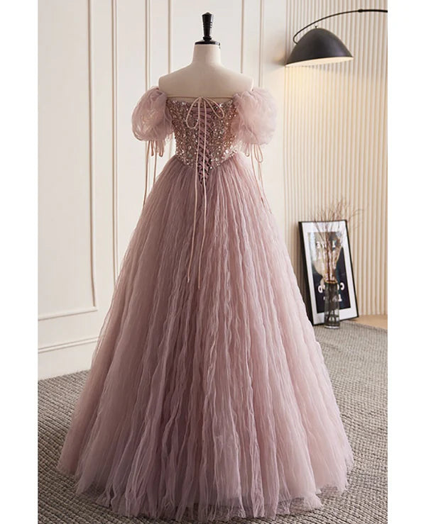 Luolandi Unique and elegant dark pink sequin off the shoulder short sleeved ball dress A-line princess glitter beaded backless and ground length prom dress